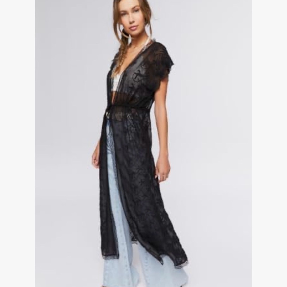 Forever 21 black sheer floral kimono robe dress vintage gothic vamp M